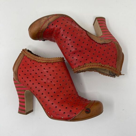 Gold Button Women's Heeled Ankle Zip Booties Real Leather Red Size EU 37 - Picture 5 of 12